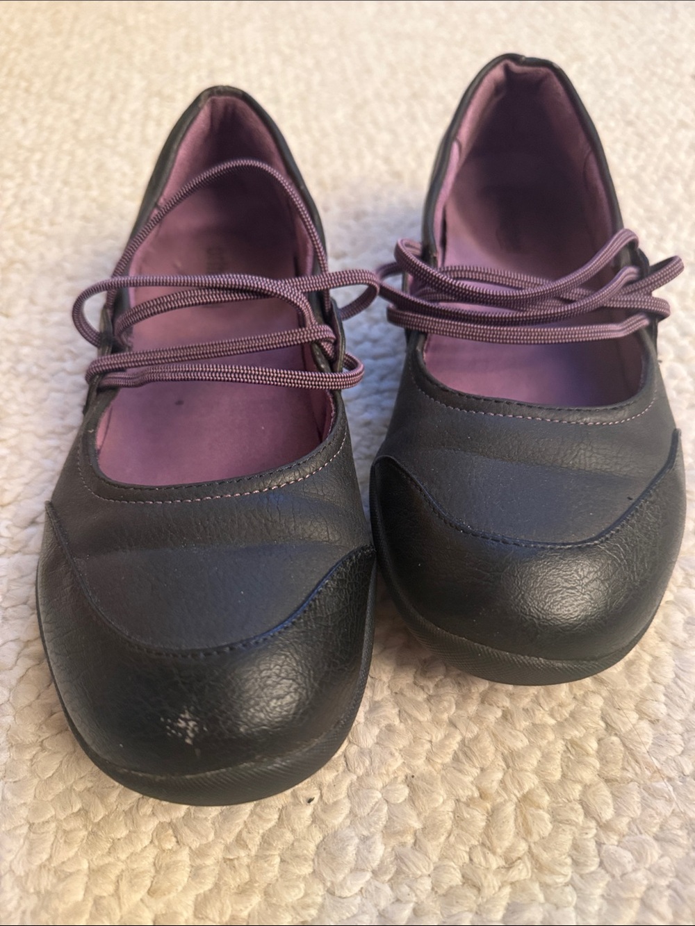 Women’s Black Mary Jane Flats with Purple Lining and Laces, size 7